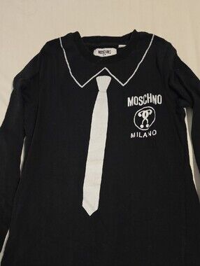 Moschino Black Long Sleeve Tee with White Tie and Logo